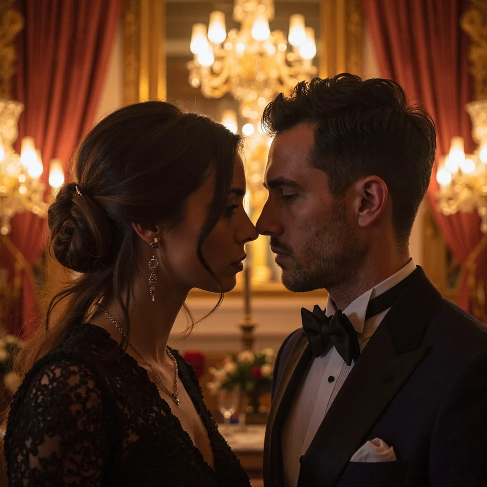 Stylized romantic scene: couple in evening wear, in-game art from Dong Dynasty